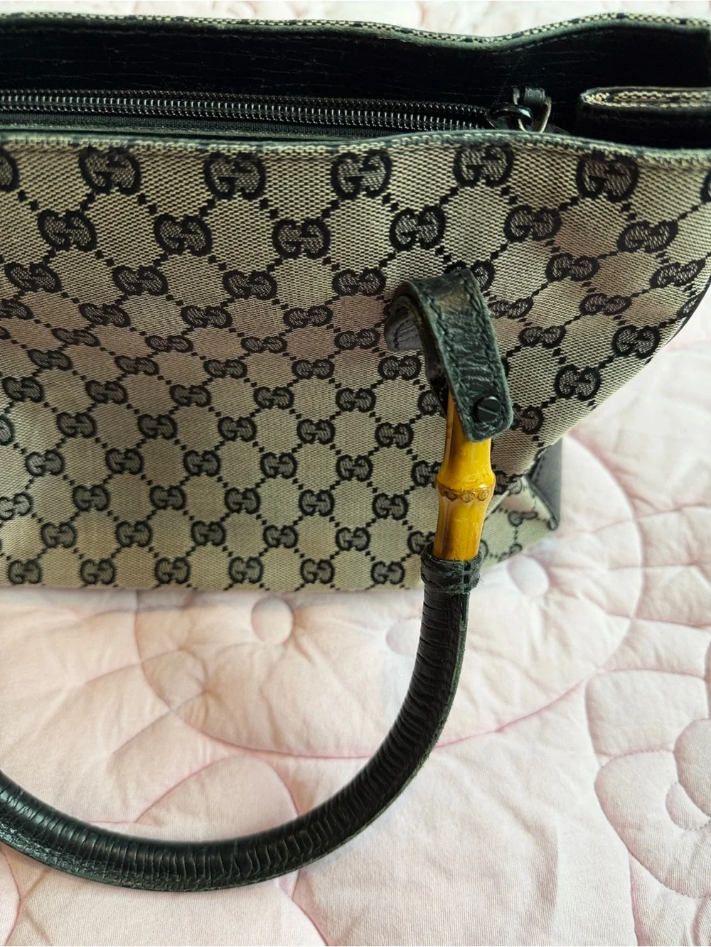 Gucci Black & Grey GG Canvas Tote with Bamboo Accents